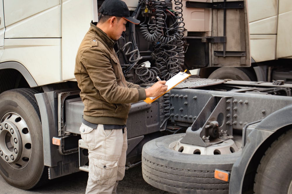 A man inspecting a semi truck.
